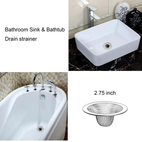 Super Sturdy 10 Pack Stainless Steel Drain Strainers For Sink And Tub Rust Proof Mesh Hair Catchers shown in a bathroom sink.