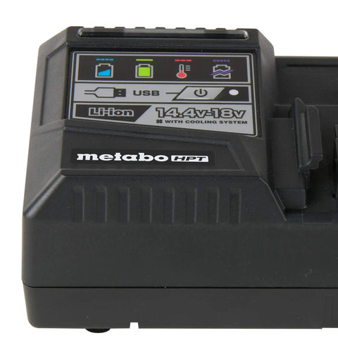 Close-up of 18V And 36V Lithium Ion Rapid Charger For Slide Type Batteries, Metabo HPT branding visible