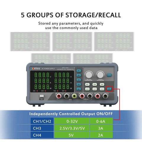 32V 6A Adjustable Multi Channel DC Power Supply MPS-3264 showing front interface with digital display and control buttons