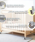2 Inch Side Mount Caster Set, 4 Pack With 2 Swivel And 2 Brakes, L Shape Plate installed on wooden crib with smooth wheels