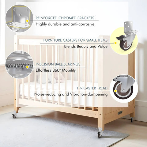 2 Inch Side Mount Caster Set, 4 Pack With 2 Swivel And 2 Brakes, L Shape Plate installed on wooden crib with smooth wheels