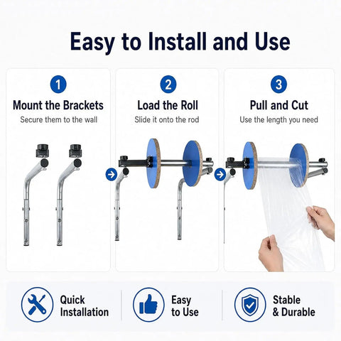 Installation guide for Pro Level Commercial Wall Mounted Foam Wrap Roll Dispenser For Heavy Shipping Packing And Moving With Ridiculously Strong Galvanized Steel Film Rack.