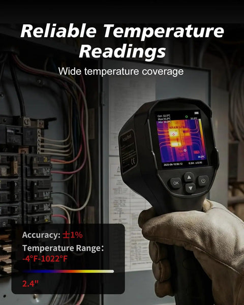 Handheld Thermal Imaging Camera With 25Hz Refresh 240 By 240 Enhanced Display Detect Heat Like A Boss From Minus 4 To 1022 Degrees Fahrenheit Real Time Temp Alarm IP54 Rugged For Home And Industrial Use displaying thermal reading on screen