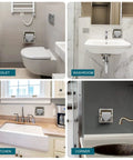 Collage showing Recessed In Wall Toilet Paper Holder In Brushed Nickel Stainless Steel in bathroom and kitchen settings.