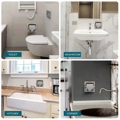 Collage showing Recessed In Wall Toilet Paper Holder In Brushed Nickel Stainless Steel in bathroom and kitchen settings.