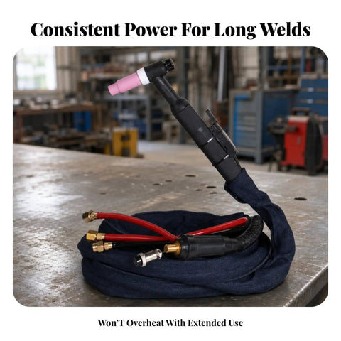 Beefed Up WP-18 Water Cooled Argon TIG Welding Torch Head with color coded braided hose and copper silicone build.