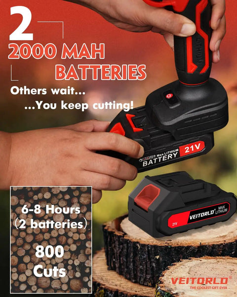 Close-up of Two In One Cordless Pole Pruner with dual 2000mAh batteries, emphasizing 6-8 hour runtime and 800 cuts capability.