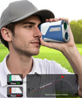 Golfer using Dope Precision Golf Range Finder With Slope Switch And Flag Lock Vibration 1200 Yard Range For Golf And Hunting.