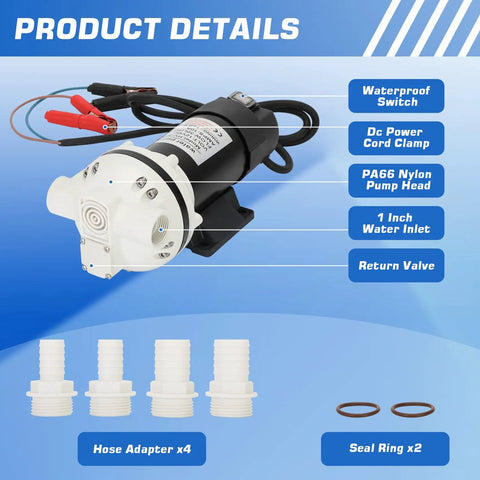 Close-up of 12V DC Self Priming DEF Transfer Pump Electrical Diaphragm Pump with adapters and seal rings, product details highlighted.