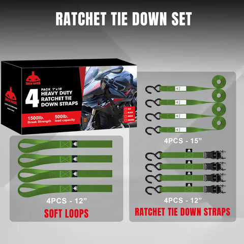 4 pack Heavy Duty Ratchet Tie Down Straps Workhorse Cinch Lockdown 1500 Lbs Break Strength 1 Inch By 15 Feet with soft loops.