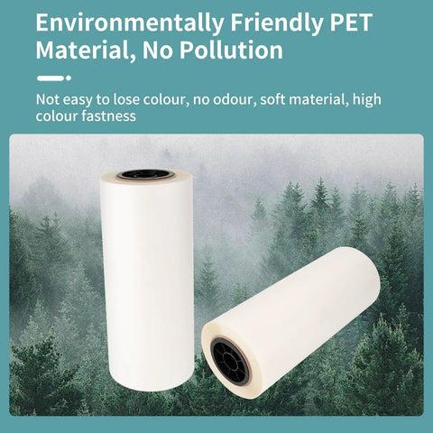 Top Shelf DTF Transfer Film Roll 13x328ft showing environmentally friendly glossy PET material