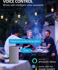 Smart Outdoor String Lights 32ft RGBW Patio LED with 12 Shatterproof Bulbs, WiFi and Alexa Controlled above outdoor dining scene