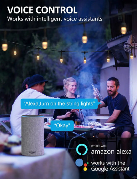 Smart Outdoor String Lights 32ft RGBW Patio LED with 12 Shatterproof Bulbs, WiFi and Alexa Controlled above outdoor dining scene