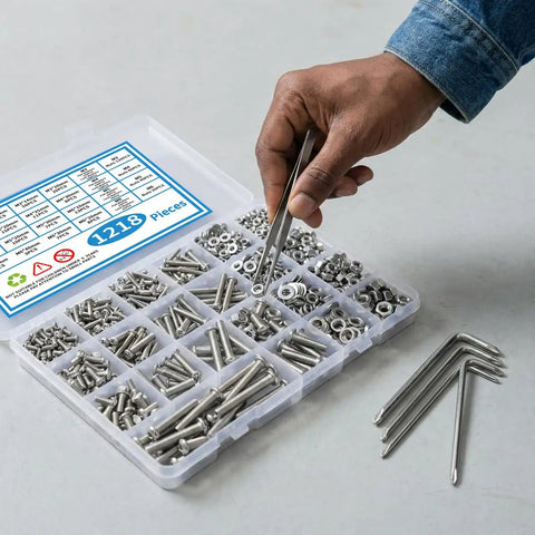 Hand selecting a bolt from the Badass Heavy Duty 1218 Piece Metric Screw Kit With Phillips Drive Heads and Nuts.