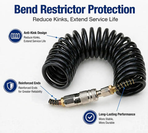 25 Foot Air Compressor Hose With Bend Restrictor And One Quarter Quick Coupler Coiled Flexible Hose With Solid Copper Connectors For Easy Secure Connections And Tangle Free Use In Your Home Garage Or Shop, coiled with connectors shown.
