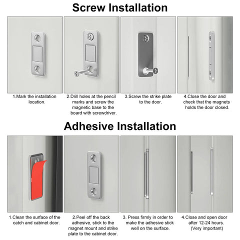 Image showing installation instructions for Ultra Thin Magnetic Door Catch Six Pack For Cabinets And Drawers, featuring screw and adhesive methods.