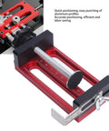 Pro Grade Dowel Hole Guide Aluminum Alloy Drill Jig with quick-change sleeves, red color, designed for woodworking precision.