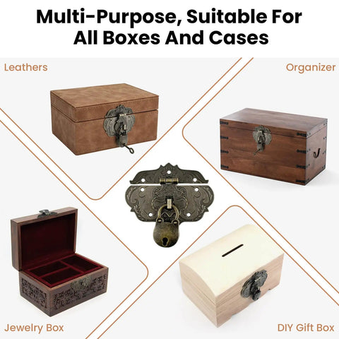 Old School Vintage Hasp And Padlock Set Bronze Zinc Alloy Decorative Latch Kit For Antique Jewelry Boxes Tool Chests And Rugged Suitcases Featuring Bear Shaped Tumbler on various boxes