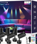 RGB LED Indoor Spot Lights With Color Changing, App And Remote Control, Music Sync, Timer Function, showing product packaging and controls.