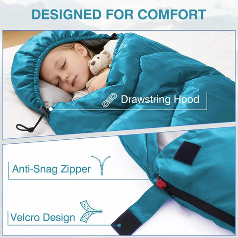 Child sleeping in All Weather Sleeping Bag For Adults And Kids, Ultra Lightweight Waterproof Gear For Camping And Hiking.