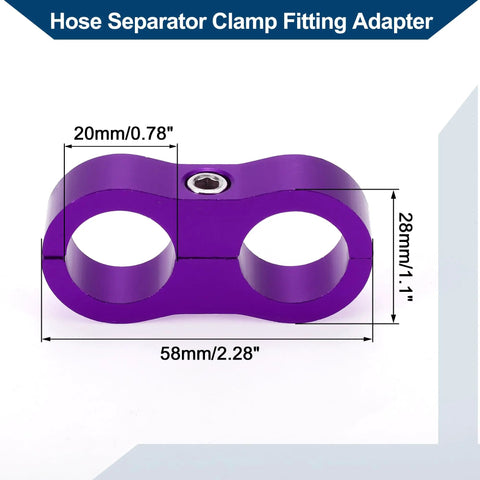 Premium AN10 Hose Separator Clamp Set Purple Anodized Aluminum dual tube organizer measuring 58mm by 28mm for secure fitment.