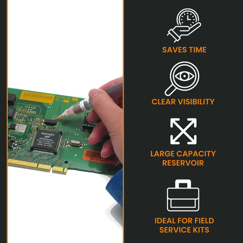 Hand using Pro Grade Flux Pen For Electronics Soldering Liquid Flux Dispensing Pen With Fine Tip Precision Applicator on circuit board