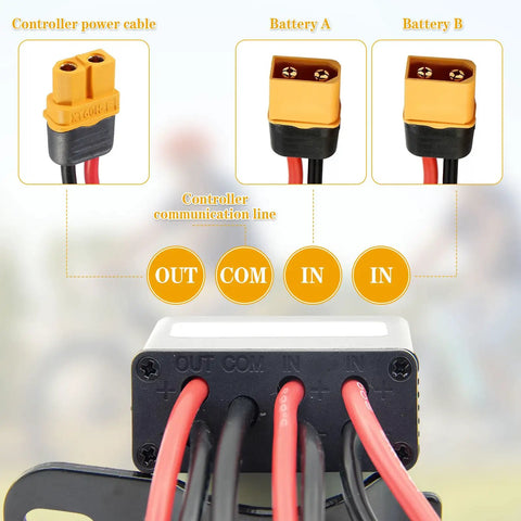 Dual Battery Connector For 20V-72V E-Bikes, Parallel Battery Module with XT60 Port showing cable connections and labels