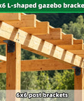 Eight Pack Heavy Duty Right Angle Brackets For Shelves And Furniture Hella Sturdy L Shape Corner Supports With Serious Weight Capacity Built Tough Hardware For Industrial Shelving And Home Projects mounted on 6x6 wooden posts in a gazebo.
