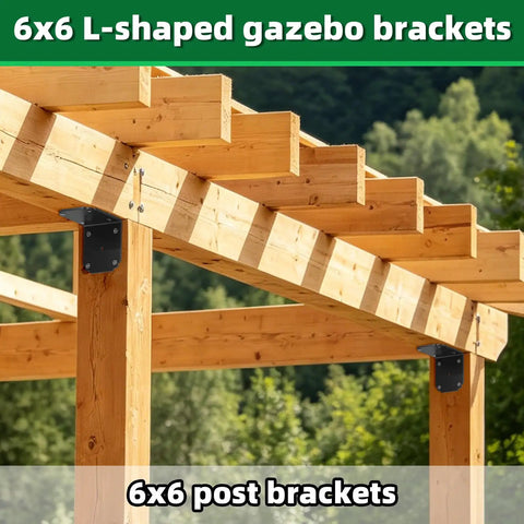 Eight Pack Heavy Duty Right Angle Brackets For Shelves And Furniture Hella Sturdy L Shape Corner Supports With Serious Weight Capacity Built Tough Hardware For Industrial Shelving And Home Projects mounted on 6x6 wooden posts in a gazebo.
