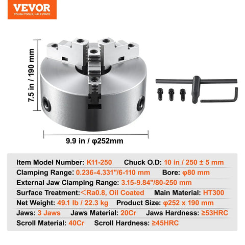 Three Jaw Self Centering Lathe Chuck 10 Inch With 0.24 To 9.84 In Clamping Range, HT300 Steel, with T Key and Fixing Screws