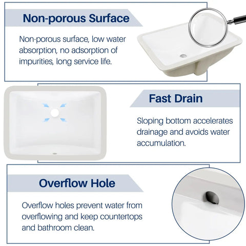 Features of undermount white rectangular ceramic bathroom sink with overflow including non-porous surface, fast drain, and overflow hole.