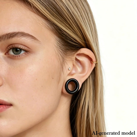 All In One Black Silicone Ear Gauges Kit For Stretching Ears With 15 Sizes From 10G To 25mm worn by model
