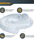 4 Inch Left Spiral Transparent Dust Collection Hose 5 Ft, heavy duty flexible design, features chemical and heat resistance