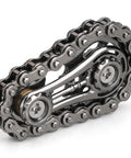 Close-up of Dope Fidget Chain Toy for Kids and Adults, metal transformable sprockets and bike gears, sensory stress relief desk toy.