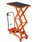 Heavy Duty Hydraulic Lift Table Cart with orange finish, 50 inch rise, and rock solid steel frame for max 770 lbs capacity.