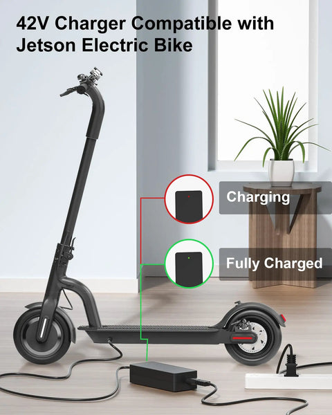 42V All In One Universal Charger For Jetson Electric Bikes shown charging a scooter indoors with status indicators.