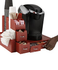 Two Piece Single Serve Coffee Pod Drawer And Condiment Organizer Station Red with coffee maker and cups.
