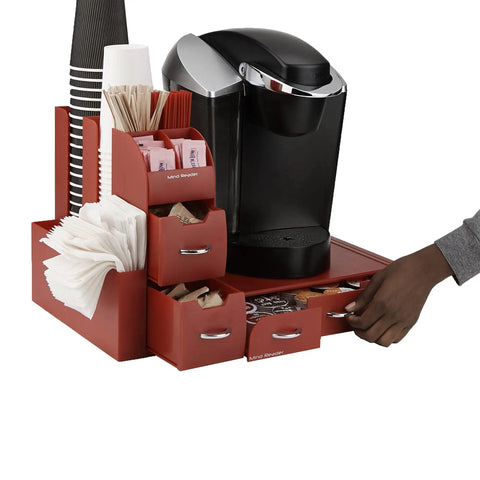 Two Piece Single Serve Coffee Pod Drawer And Condiment Organizer Station Red with coffee maker and cups.