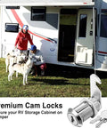 Family with dogs outside RV, featuring 1-1/8 Inch Cam Lock Set Keyed Alike For Cabinets Drawers And Boxes Fits Doors Up To 7/8 Inch Thick