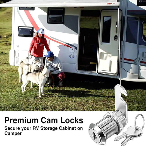 Family with dogs outside RV, featuring 1-1/8 Inch Cam Lock Set Keyed Alike For Cabinets Drawers And Boxes Fits Doors Up To 7/8 Inch Thick