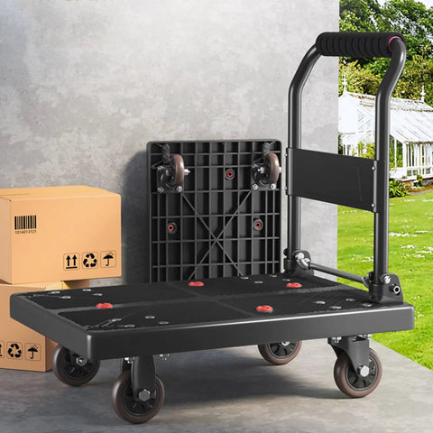 Rock Solid Heavy Duty Folding Platform Truck Rated For One Hundred Fifty Kilos with smooth rolling wheels and adjustable handle.