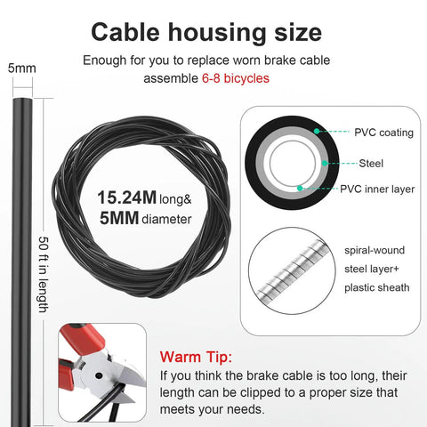 Diagram of Brake Cable Housing 5mm By 50ft For Bicycle And Bike with cross-section showing steel and PVC layers.