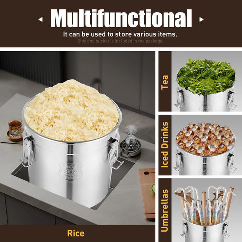 Big Beefy Stainless Steel Airtight Food Storage Bucket With Heavy Duty Locking Clamps Keeps Grains Rice Cereal Coffee Beans And Pantry Staples Fresh As Day filled with rice on a kitchen counter.