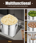 Pro Level Heavy Duty 304 Stainless Steel Airtight Kitchen Canister With Rock Solid Locking Lid And Grippy Handles Mega Pantry Storage Bin For Rice Beans Coffee Oil Dry Food Keeper filled with rice on kitchen counter.