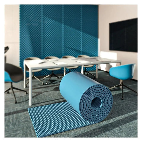 High Density Self Adhesive Soundproofing Foam Rolls Extra Long Size Two Inch Thick Noise Reducing Acoustic Mats placed in a modern room.