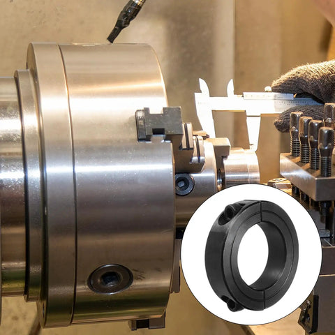 Double Split Shaft Collar 1 3 8 Inch Bore, Carbon Steel Clamping Collar With Set Screw, shown in a machine tool setup.