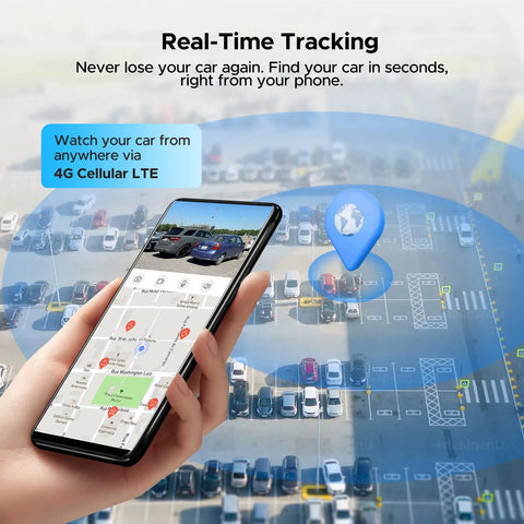 Mobile phone displaying real-time tracking via 4G LTE, showcasing parking lot map for 4G LTE Wireless Dash Cam With Front And Interior Cameras.