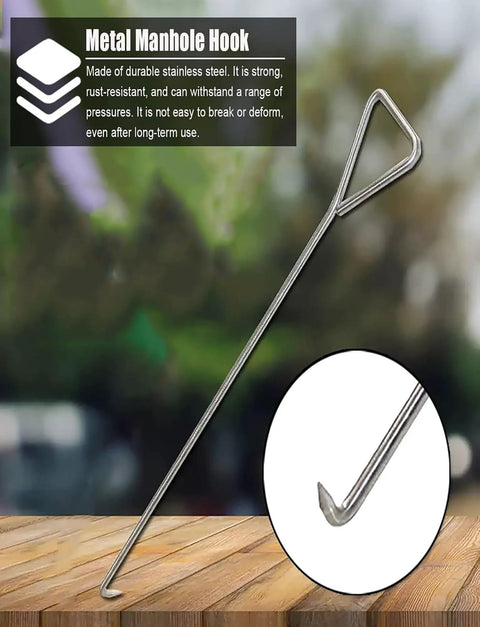 Built Tough Stainless Steel Manhole Cover Hook With Triangular Handle, durable lifter with J shaped hook for sewer work.