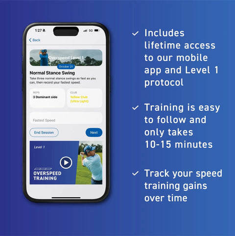 Smartphone displaying Senior Swing Speed Golf Training Set with 3 Weighted Speed Sticks app and training protocols