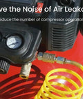Air compressor with Brass Quarter Inch Female Industrial Air Coupler Set 10 Pack Quick Connector Fittings attached.